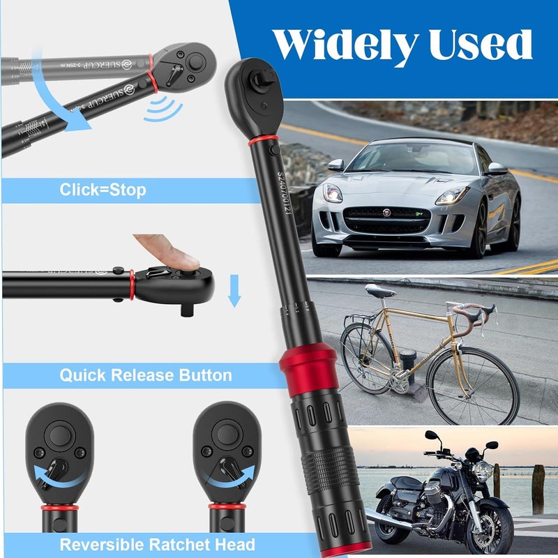 SUERCUP 1/4" 50 PCS Torque Wrench Set, 3-25Nm 72 Tooth Drive Click Torque Wrench Set with S2 Bit Sockets, 1/4" Extension Bar and 3/8" Adapter, Used for Bicycle Maintenance and DIY - Image 5